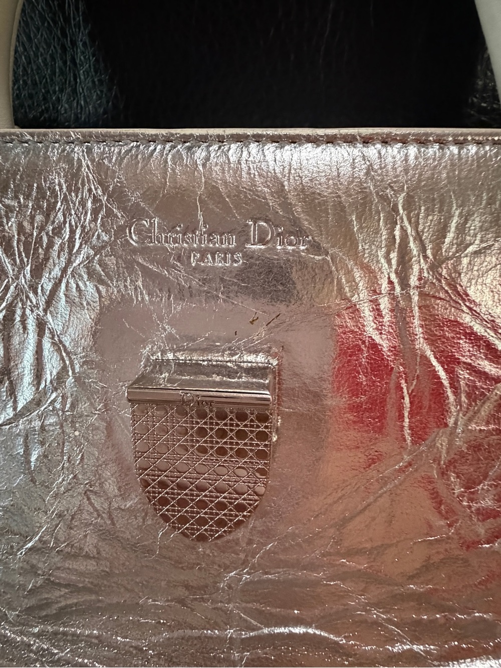 Dior Metallic Silver Crinkled Leather Satchel - Picture 7 of 8